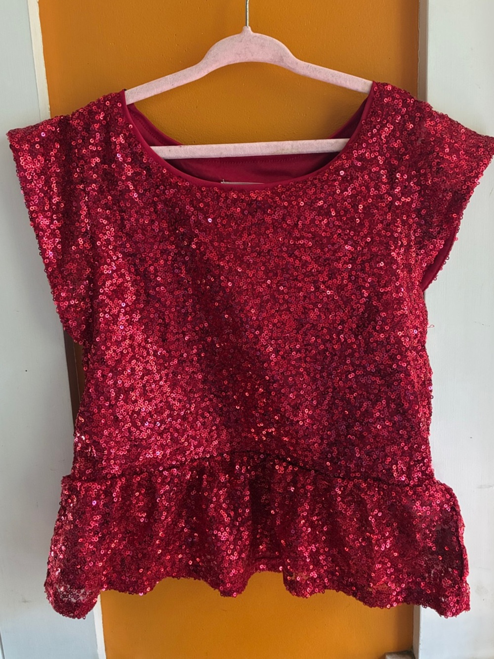 H&M Red Sequin Top with Peplum Detail; size 8/10 girls